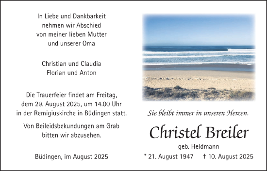 Traueranzeige von Christel Breiler von Kreis-Anzeiger