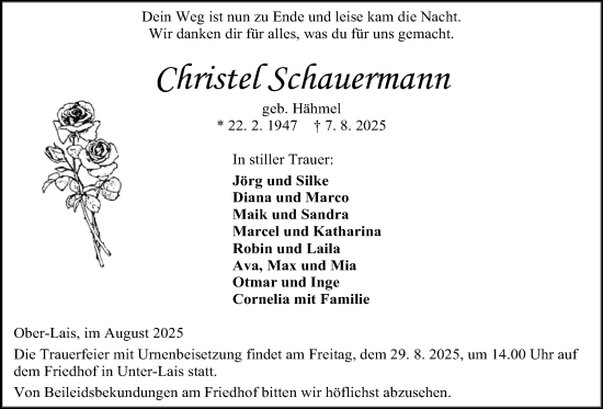Traueranzeige von Christel Schauermann von Kreis-Anzeiger