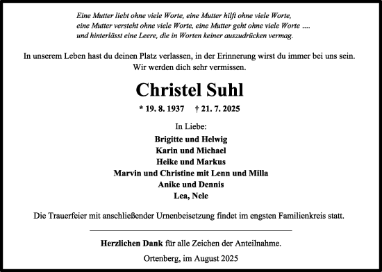 Traueranzeige von Christel Suhl von Kreis-Anzeiger