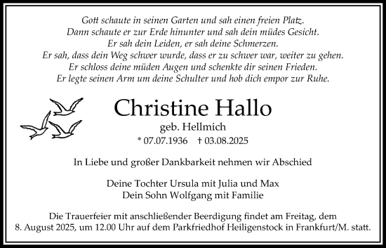 Traueranzeige von Christine Hallo von Bad Vilbel/Karben