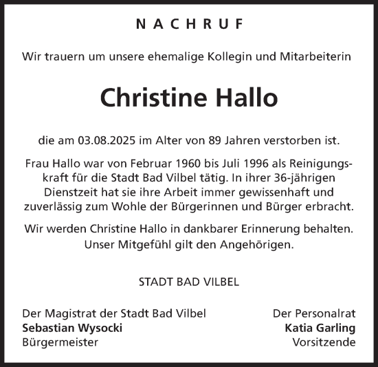 Traueranzeige von Christine Hallo von Bad Vilbel/Karben