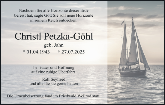 Traueranzeige von Christl Petzka-Göhl von Wetterauer Zeitung