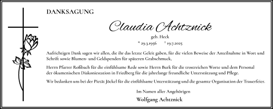Traueranzeige von Claudia Achtznick von Wetterauer Zeitung