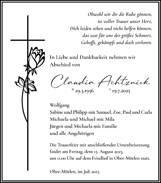 Traueranzeige von Claudia Achtznick von Wetterauer Zeitung