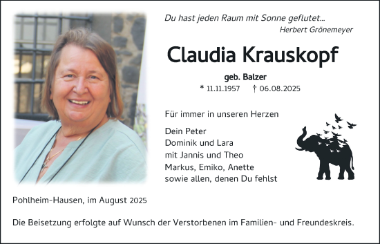 Traueranzeige von Claudia Krauskopf von Pohlheimer Nachrichten