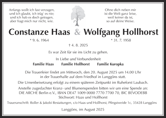 Traueranzeige von Constanze Haas von Giessener Allgemeine, Alsfelder Allgemeine, Bad Vilbel/Karben