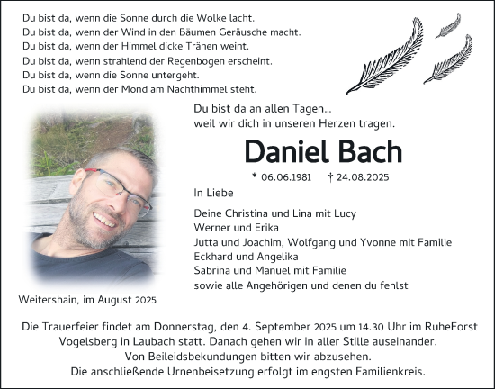 Traueranzeige von Daniel Bach von Kreis-Anzeiger