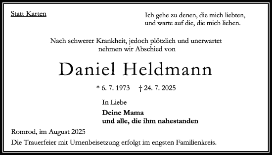 Traueranzeige von Daniel Heldmann von Oberhessische Zeitung