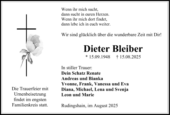 Traueranzeige von Dieter Bleiber von Kreis-Anzeiger