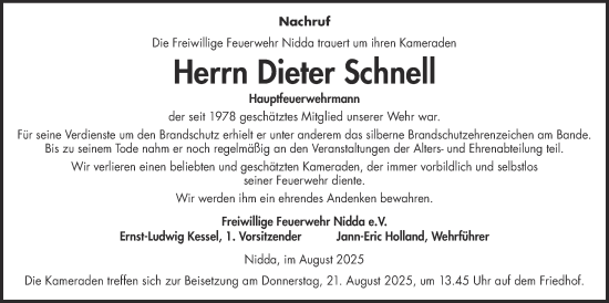 Traueranzeige von Dieter Schnell von Kreis-Anzeiger