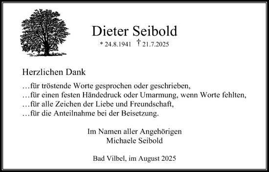 Traueranzeige von Dieter Seibold von Bad Vilbel/Karben