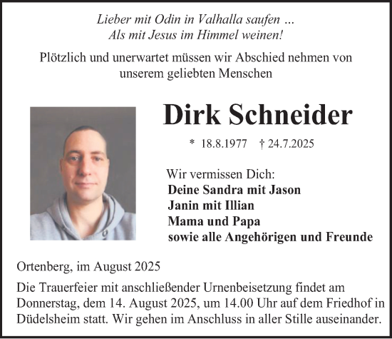 Traueranzeige von Dirk Schneider von Kreis-Anzeiger