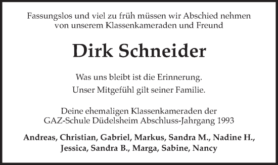 Traueranzeige von Dirk Schneider von Kreis-Anzeiger