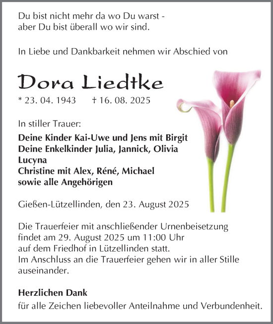 Traueranzeige von Dora Liedtke von Giessener Anzeiger, Giessener Allgemeine, Alsfelder Allgemeine