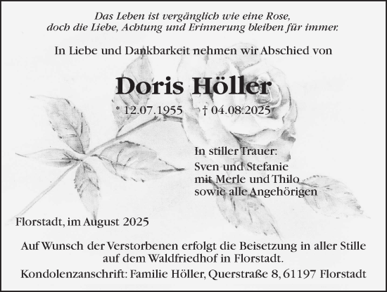 Traueranzeige von Doris Höller von Wetterauer Zeitung