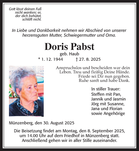 Traueranzeige von Doris Pabst von Butzbacher Zeitung
