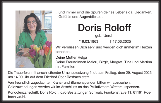 Traueranzeige von Doris Roloff von Wetterauer Zeitung