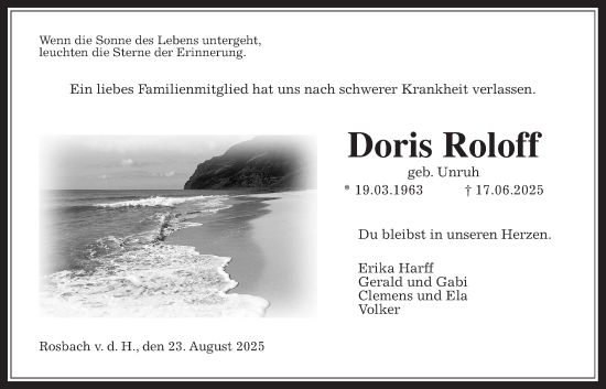 Traueranzeige von Doris Roloff von Wetterauer Zeitung