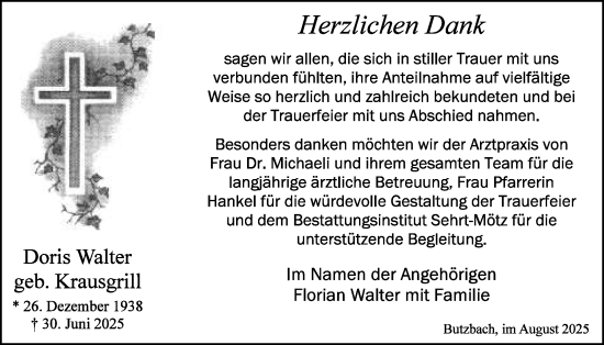 Traueranzeige von Doris Walter von Butzbacher Zeitung