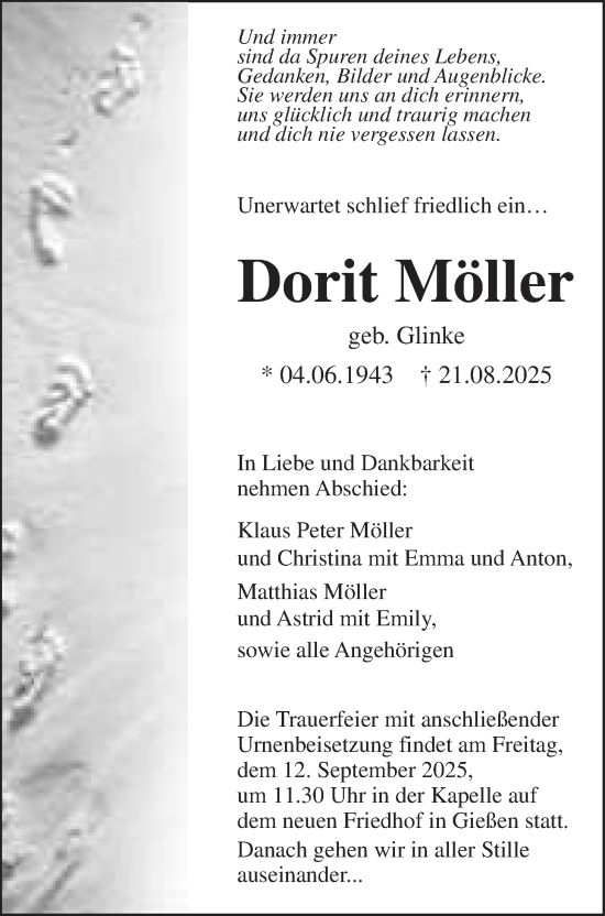 Traueranzeige von Dorit Möller von Giessener Allgemeine, Alsfelder Allgemeine, Giessener Anzeiger