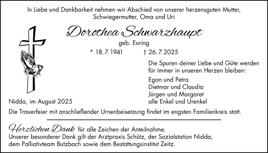 Traueranzeige von Dorothea Schwarzhaupt von Kreis-Anzeiger