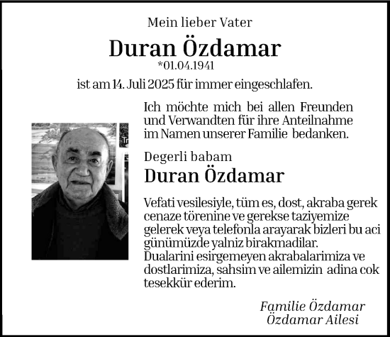 Traueranzeige von Duran Özdamar von Oberhessische Zeitung