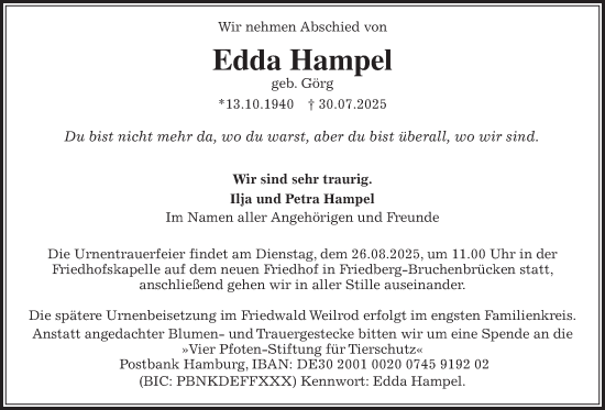 Traueranzeige von Edda Hampel von Wetterauer Zeitung