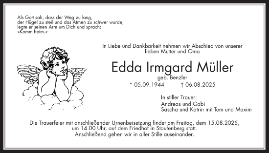 Traueranzeige von Edda Irmgard Müller von Giessener Allgemeine, Giessener Anzeiger, Alsfelder Allgemeine