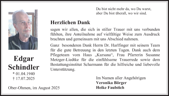 Traueranzeige von Edgar Schindler von Giessener Allgemeine, Alsfelder Allgemeine