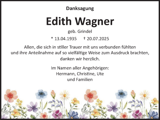 Traueranzeige von Edith Wagner von Wetterauer Zeitung
