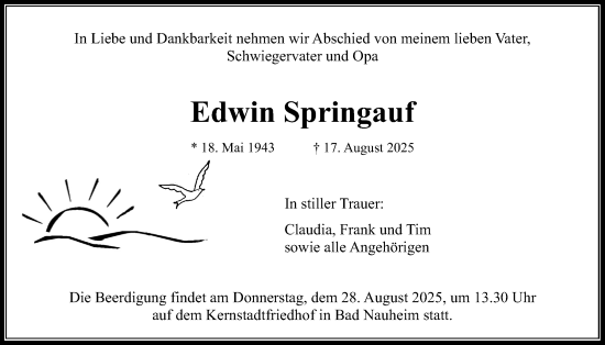 Traueranzeige von Edwin Springauf von Wetterauer Zeitung