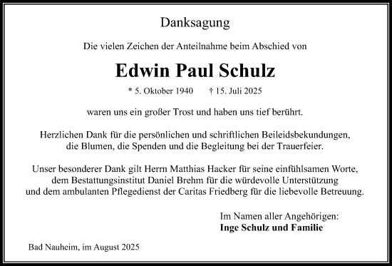 Traueranzeige von Edwin Paul Schulz von Wetterauer Zeitung