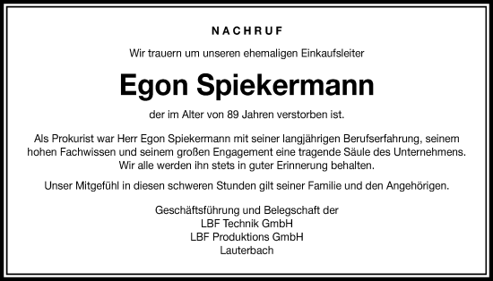 Traueranzeige von Egon Spiekermann von Lauterbacher Anzeiger