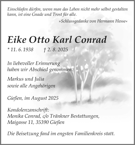 Traueranzeige von Eike Otto Karl Conrad von Giessener Anzeiger, Giessener Allgemeine, Alsfelder Allgemeine