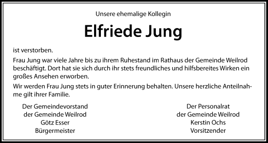Traueranzeige von Elfriede Jung von Usinger Anzeigenblatt