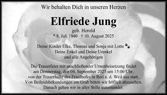Traueranzeige von Elfriede Jung von Usinger Anzeigenblatt