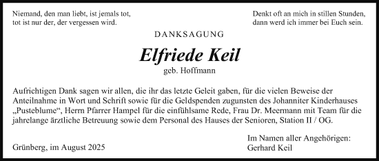 Traueranzeige von Elfriede Keil von Giessener Allgemeine, Alsfelder Allgemeine