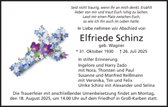 Traueranzeige von Elfriede Schinz von Wetterauer Zeitung