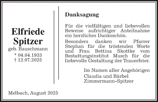Traueranzeige von Elfriede Spitzer von Wetterauer Zeitung