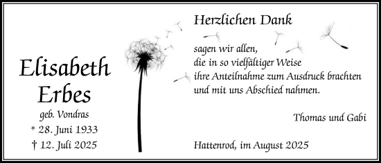 Traueranzeige von Elisabeth Erbes von Giessener Anzeiger, Giessener Allgemeine, Alsfelder Allgemeine