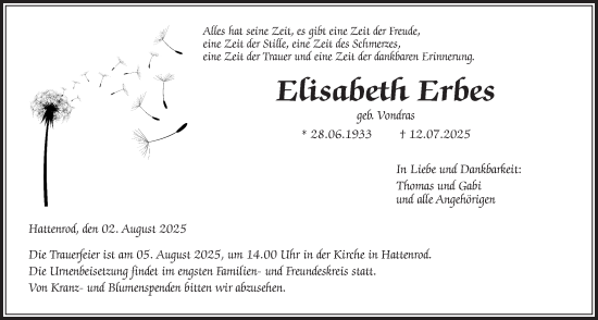Traueranzeige von Elisabeth Erbes von Giessener Allgemeine, Alsfelder Allgemeine, Giessener Anzeiger