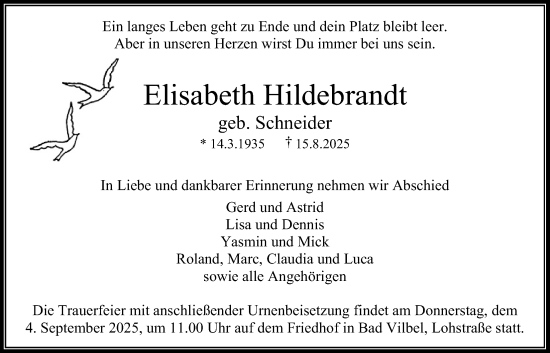 Traueranzeige von Elisabeth Hildebrandt von Bad Vilbel/Karben