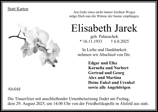 Traueranzeige von Elisabeth Jarek von Oberhessische Zeitung