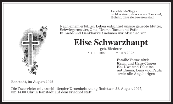 Traueranzeige von Elise Schwarzhaupt von Kreis-Anzeiger