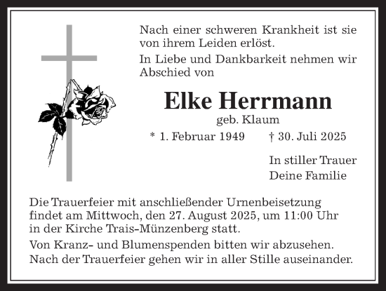Traueranzeige von Elke Herrmann von Butzbacher Zeitung