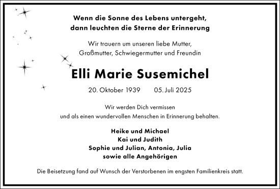 Traueranzeige von Elli Marie Susemichel von Giessener Allgemeine, Alsfelder Allgemeine
