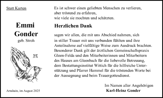 Traueranzeige von Emmi Gonder von Oberhessische Zeitung
