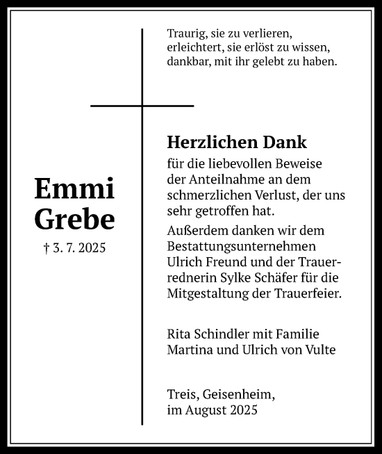 Traueranzeige von Emmi Grebe von Giessener Allgemeine, Alsfelder Allgemeine, Giessener Anzeiger