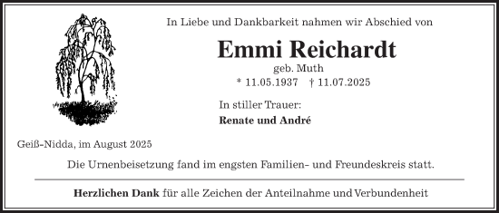 Traueranzeige von Emmi Reichardt von Kreis-Anzeiger
