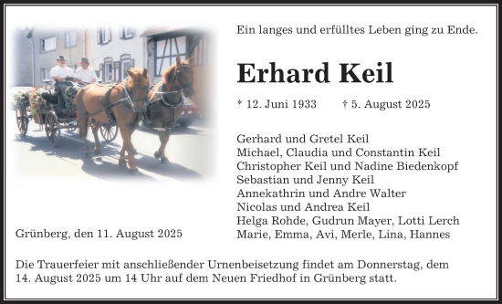 Traueranzeige von Erhard Keil von Giessener Allgemeine, Alsfelder Allgemeine